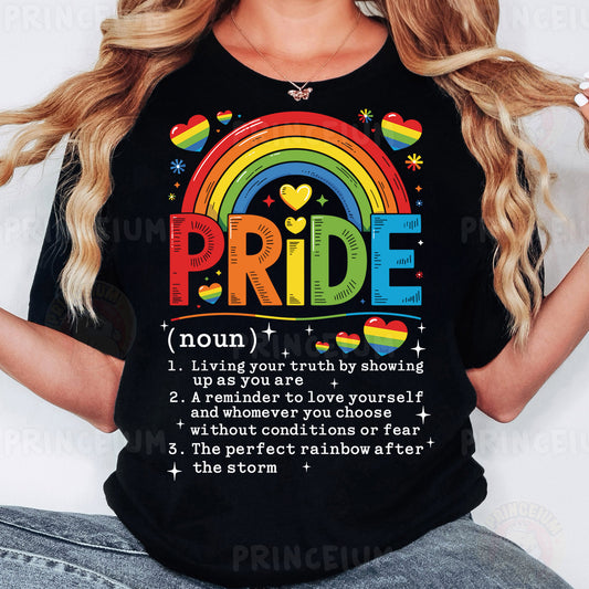 a woman wearing a black pride t - shirt