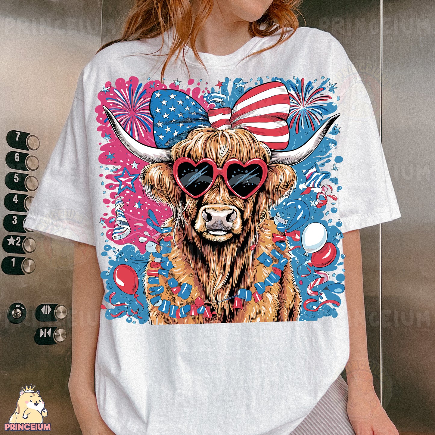 a woman wearing a white shirt with a bull wearing sunglasses