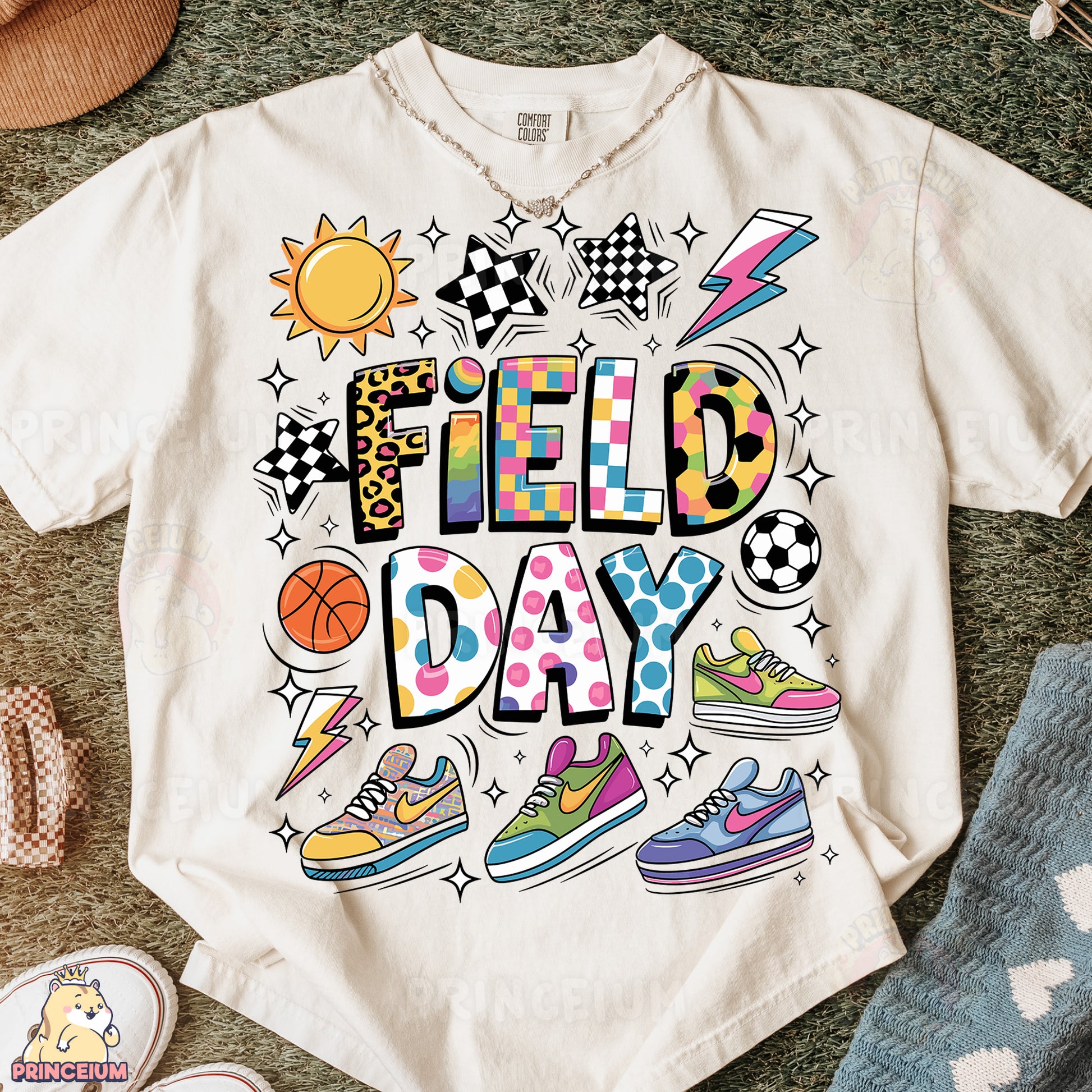 a t - shirt that says field day with shoes on the ground