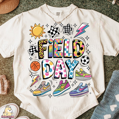 a t - shirt that says field day with shoes on the ground