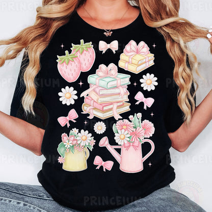 a woman wearing a black tshirt with a bunch of cake and flowers on