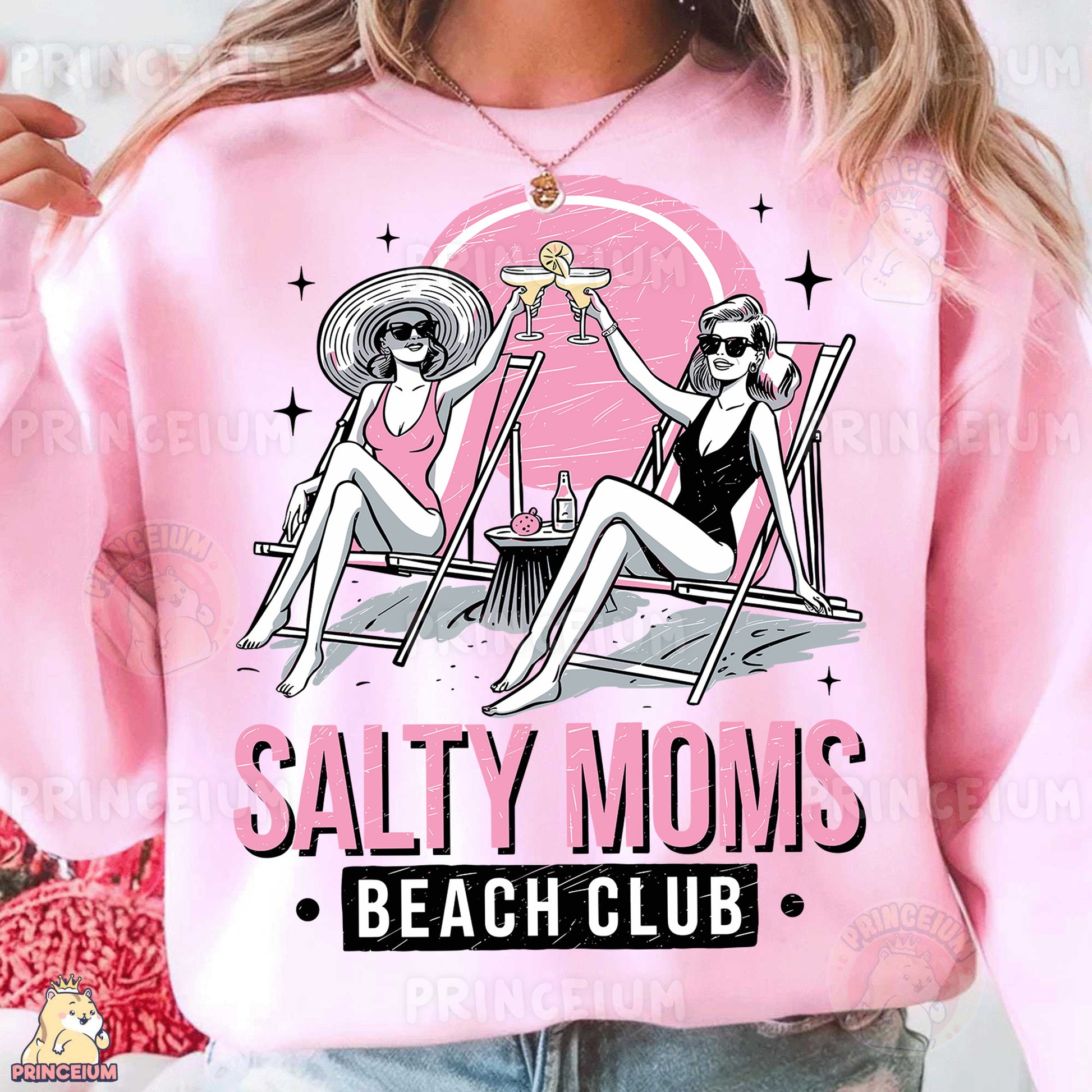a woman wearing a pink shirt that says salty moms beach club