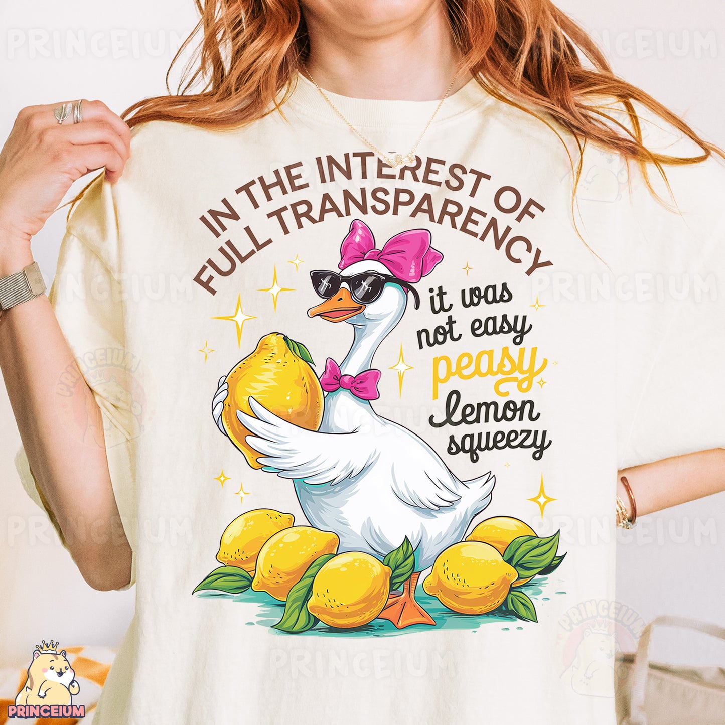 a woman wearing a t - shirt with a duck on it