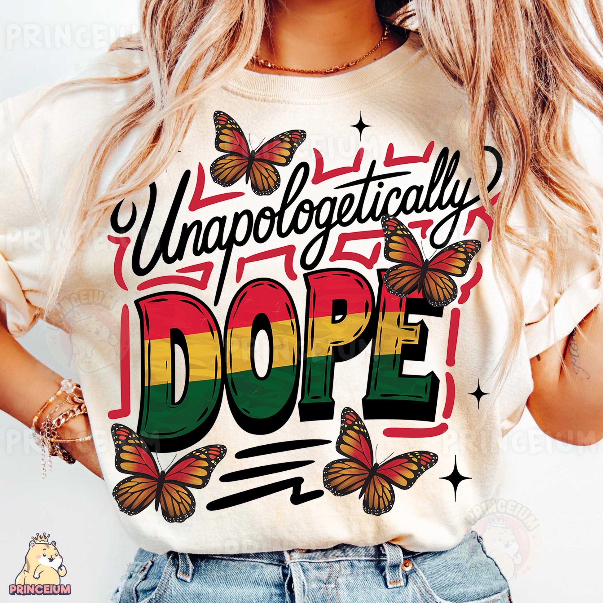 a woman wearing a white t - shirt with a colorful dope on it