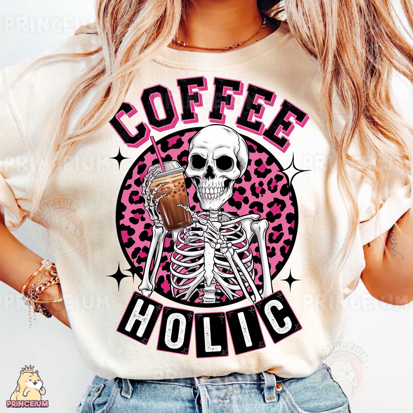 a woman wearing a coffee holic t - shirt