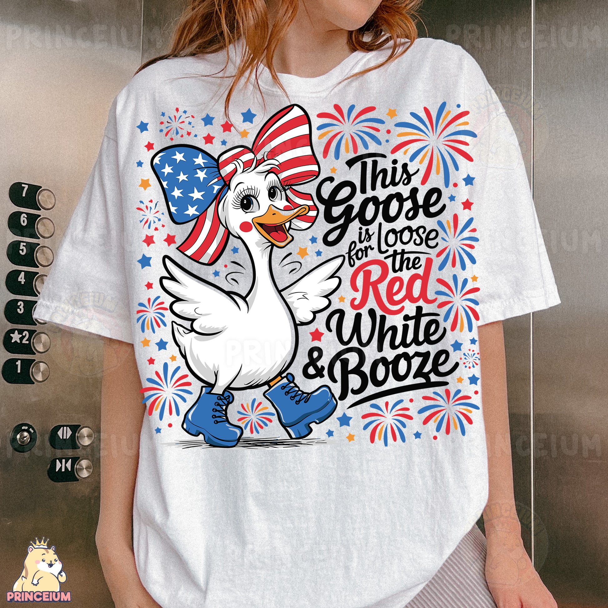 a woman wearing a white t - shirt with an american flag on it