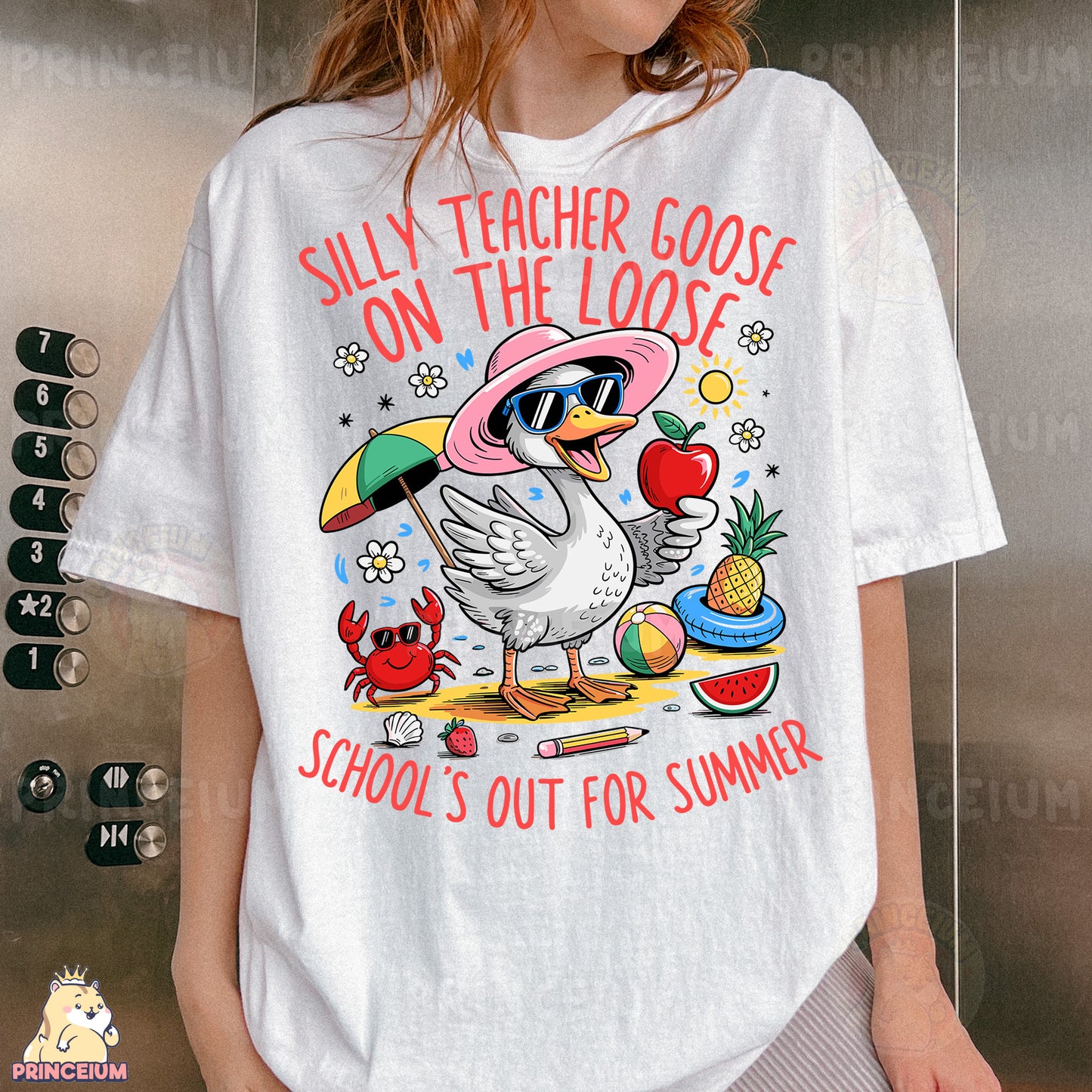 a woman wearing a t - shirt that says silly teacher goose on the loose