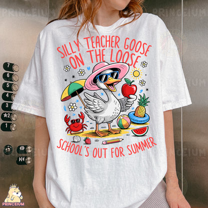 a woman wearing a t - shirt that says silly teacher goose on the loose