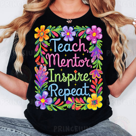a woman wearing a black teach mentor inspire repeat t - shirt