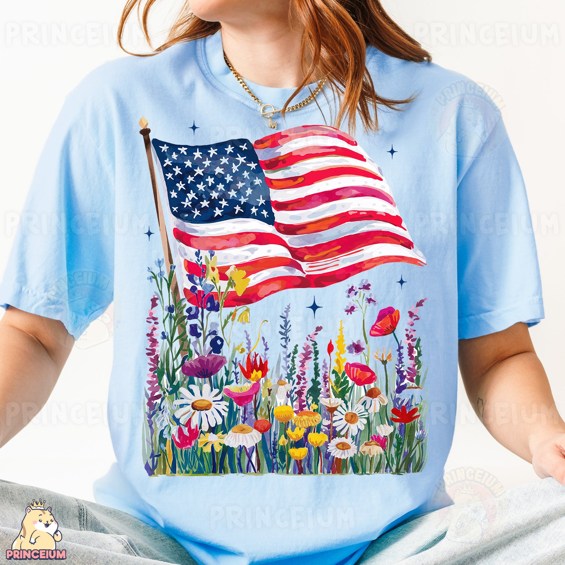 a woman wearing a blue shirt with an american flag on it
