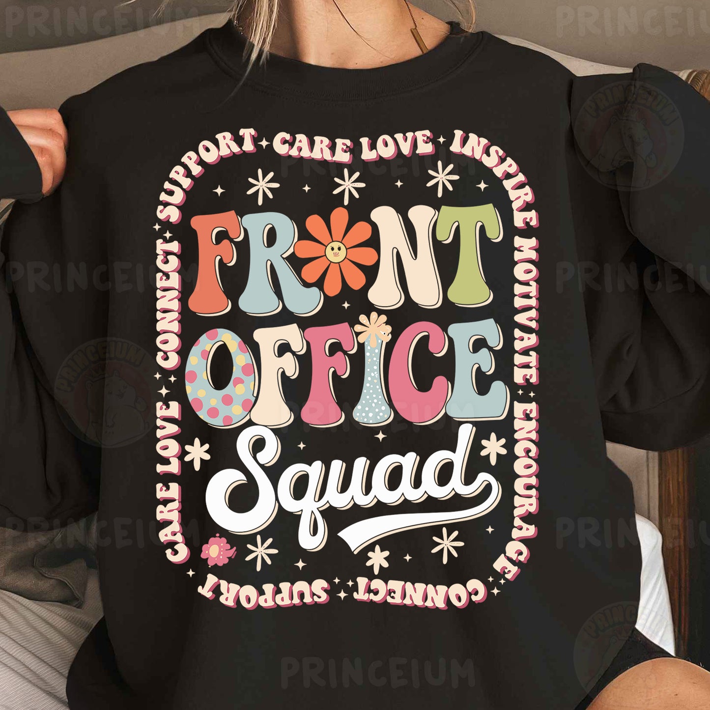 a woman wearing a black shirt that says front office squad