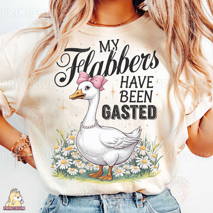 a woman wearing a t - shirt that says, my flahbers have been