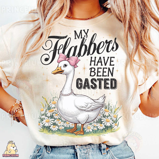 a woman wearing a t - shirt that says, my flahbers have been