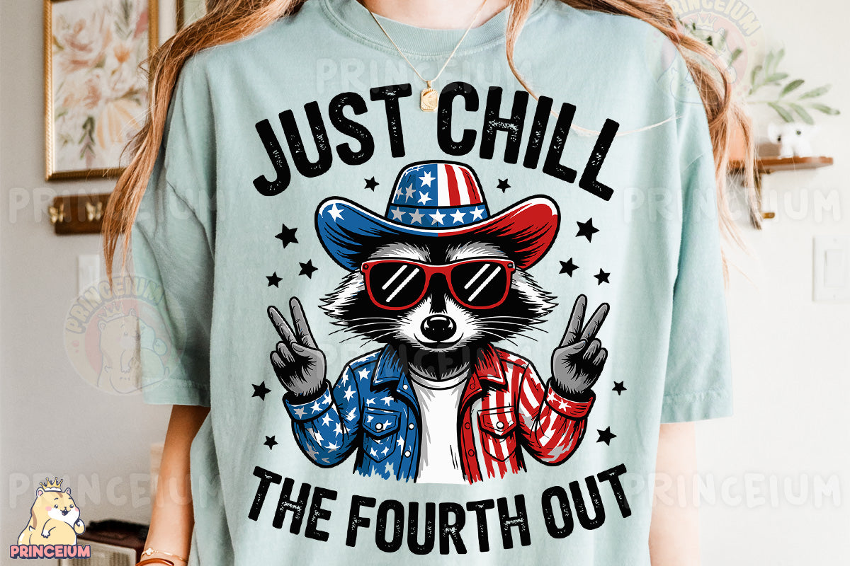 a woman wearing a t - shirt that says just chill the fourth out
