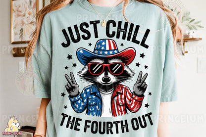 a woman wearing a t - shirt that says just chill the fourth out