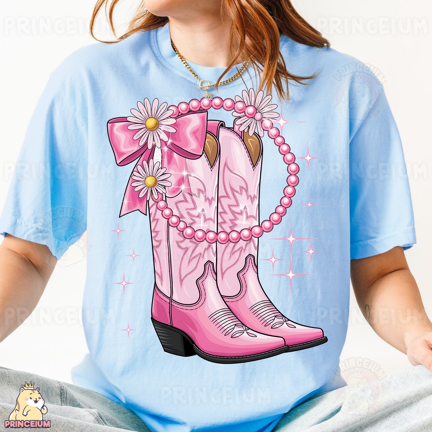 a girl wearing a pink cowboy boot with a pink flower on it