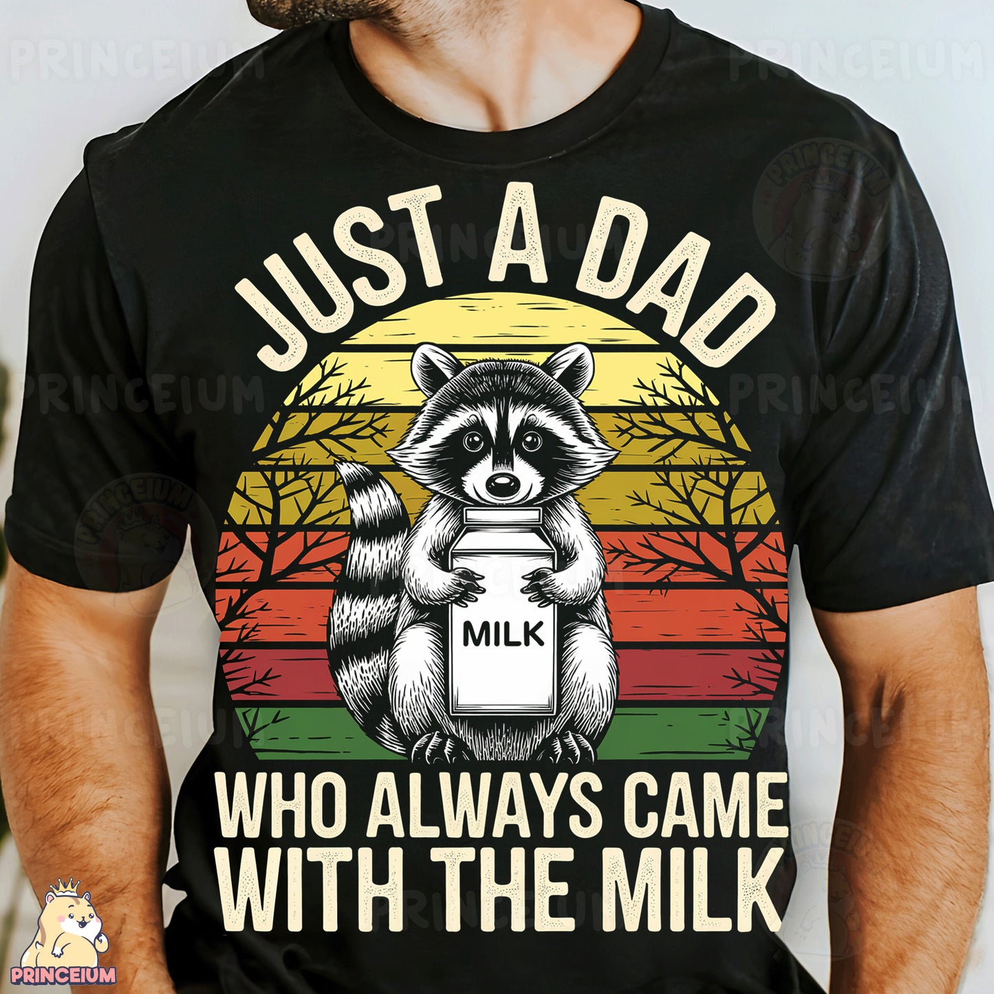 a man wearing a black shirt with a raccoon holding a milk jug