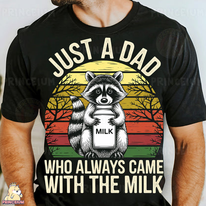 a man wearing a black shirt with a raccoon holding a milk jug