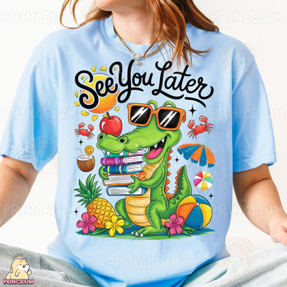a girl wearing a blue shirt with a t - shirt that says see you later