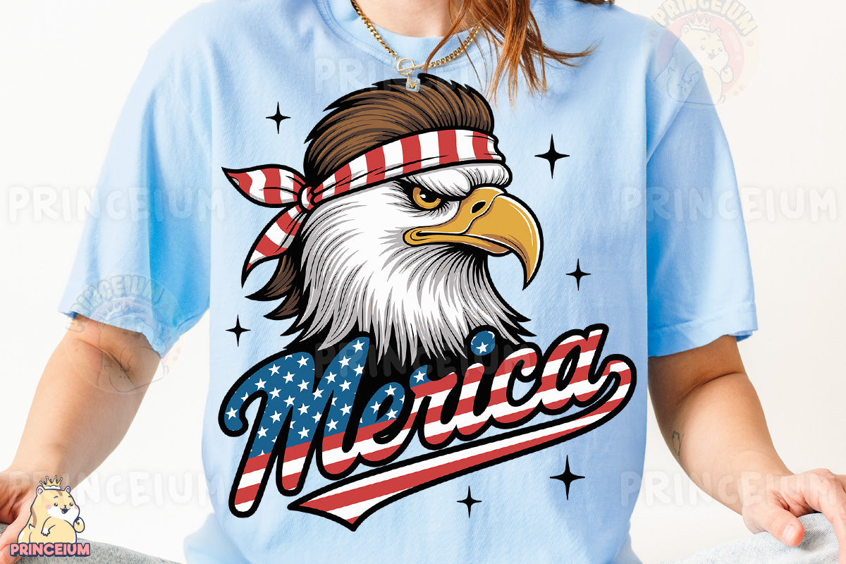a woman wearing a blue shirt with an eagle on it