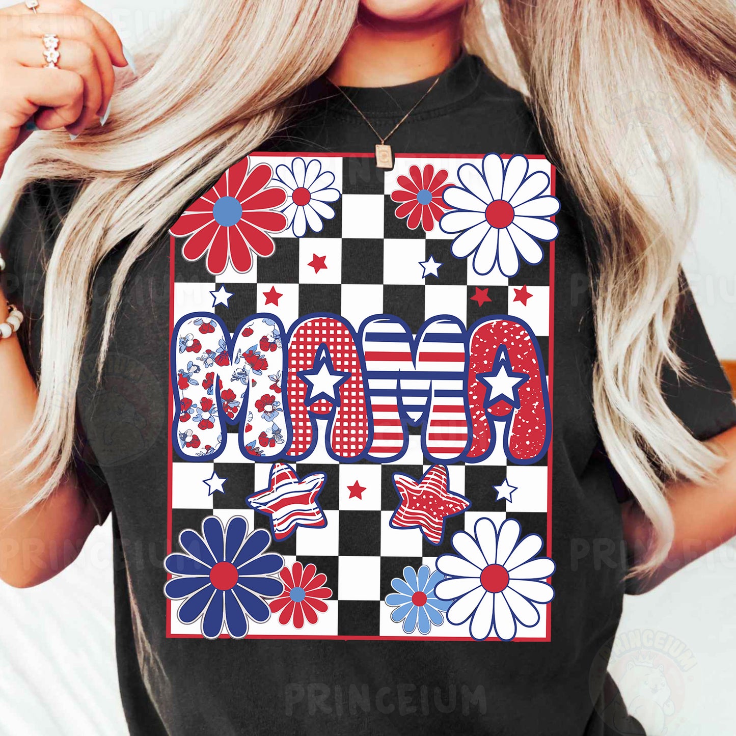 a woman wearing a black t - shirt with red, white, and blue flowers