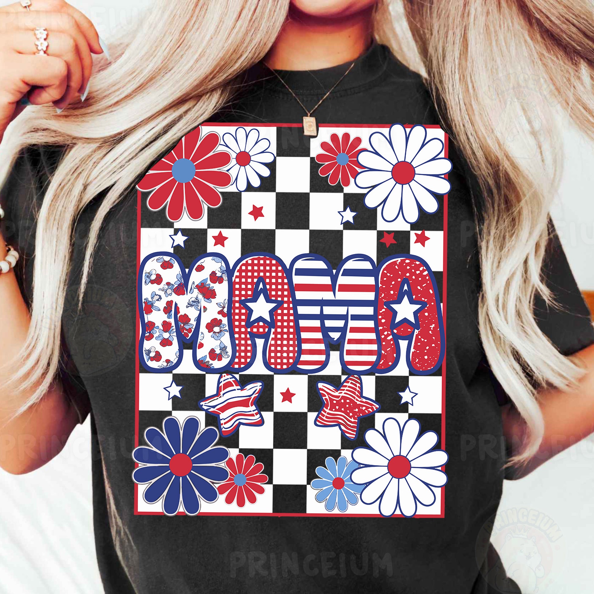 a woman wearing a black t - shirt with red, white, and blue flowers