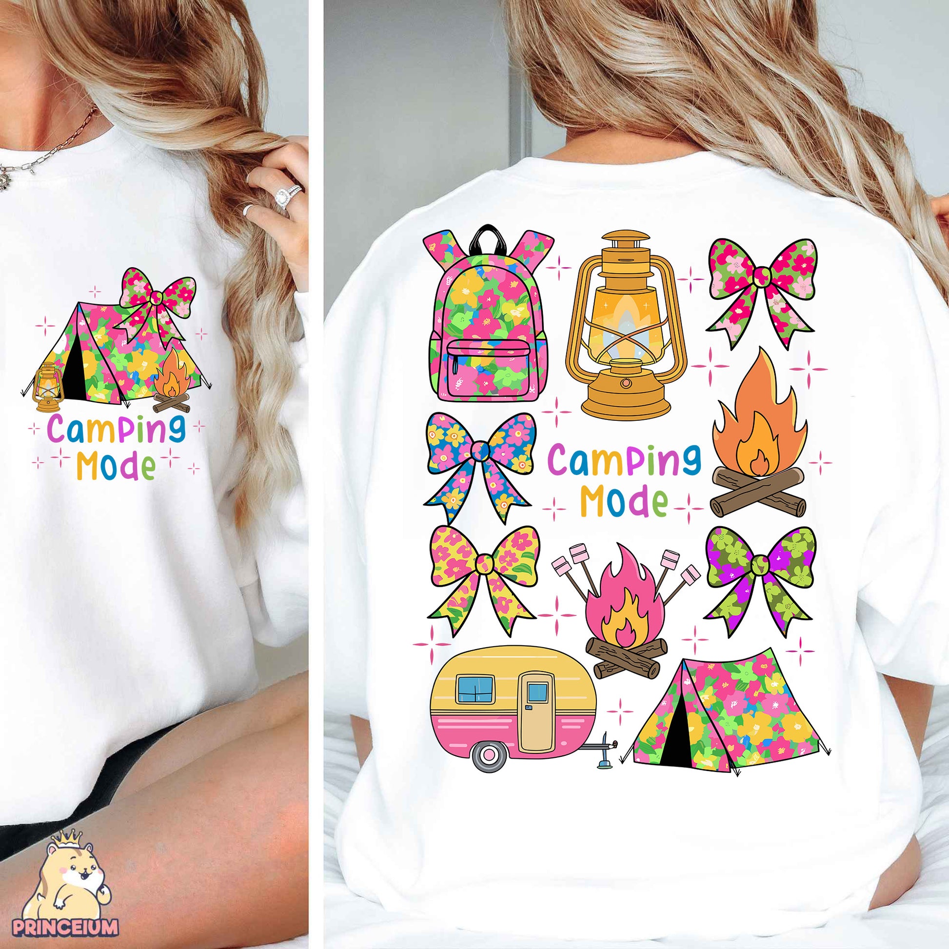 a woman wearing a white shirt with camping designs on it