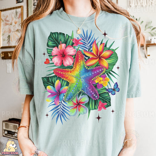 a woman wearing a t - shirt with a starfish and flowers on it