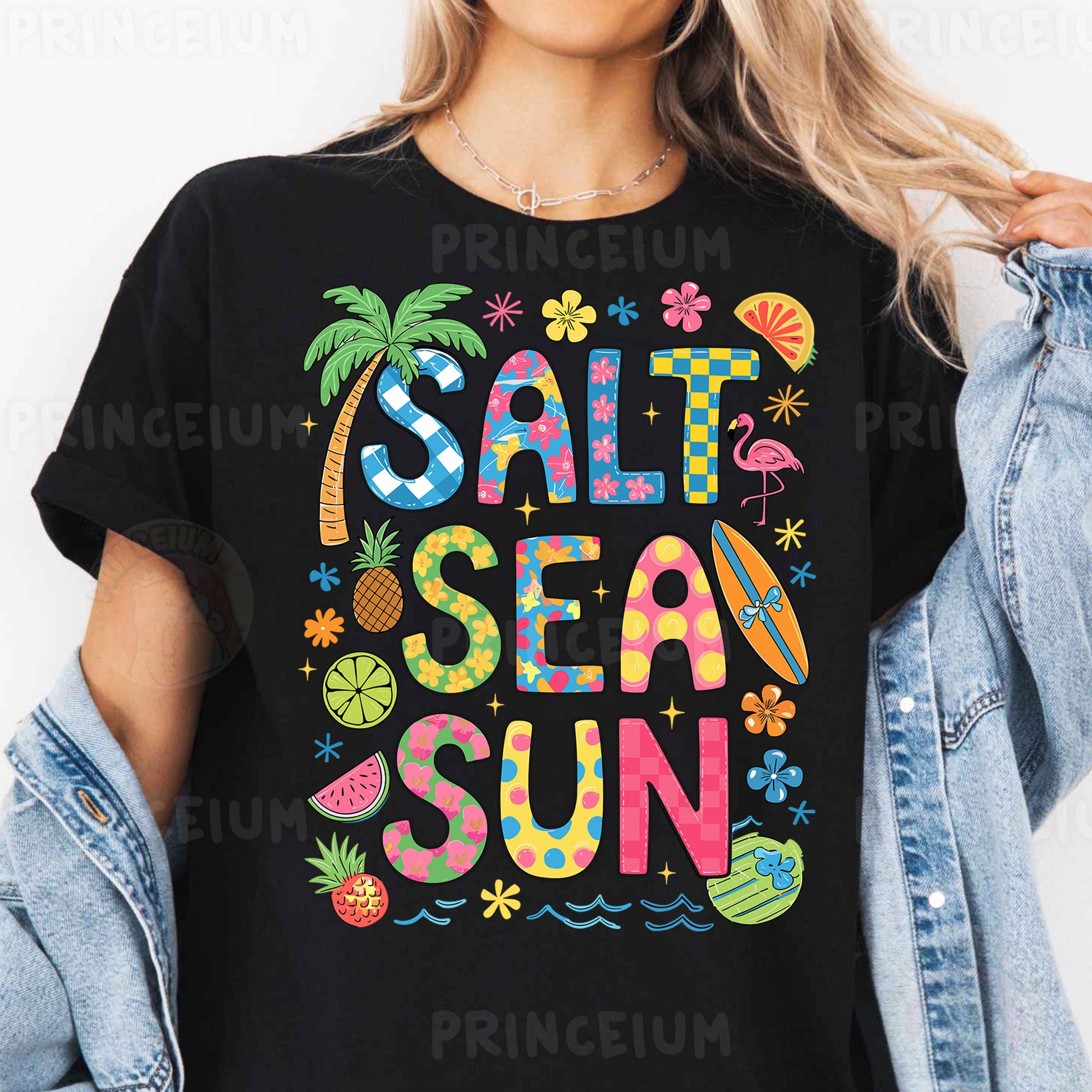 a woman wearing a black shirt that says salt sea sun