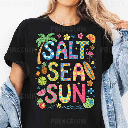a woman wearing a black shirt that says salt sea sun