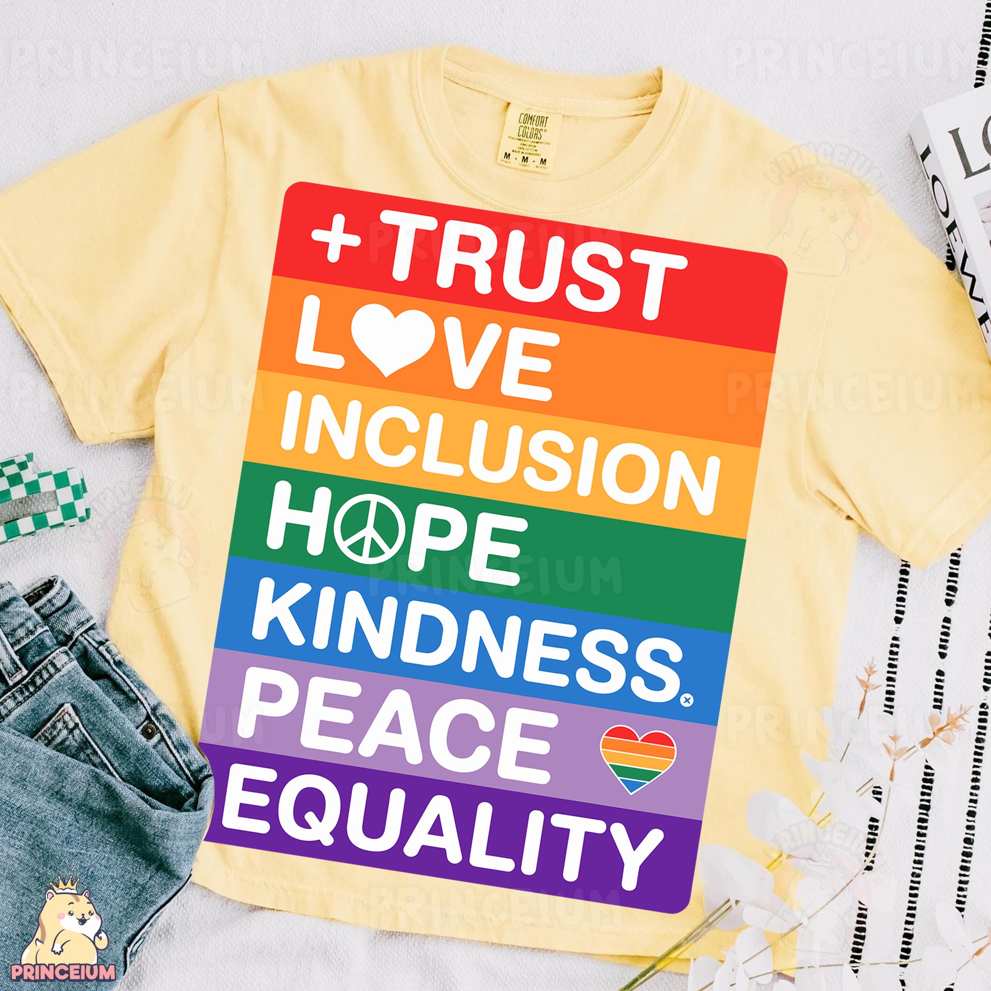 a t - shirt that says trust love, love, hope, kindness, peace
