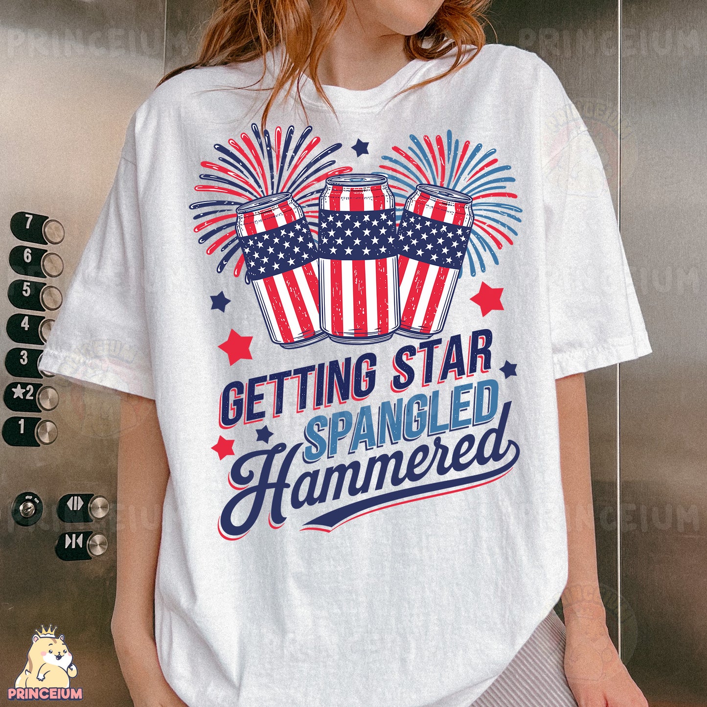 a woman wearing a white t - shirt that says getting star spangled hammered