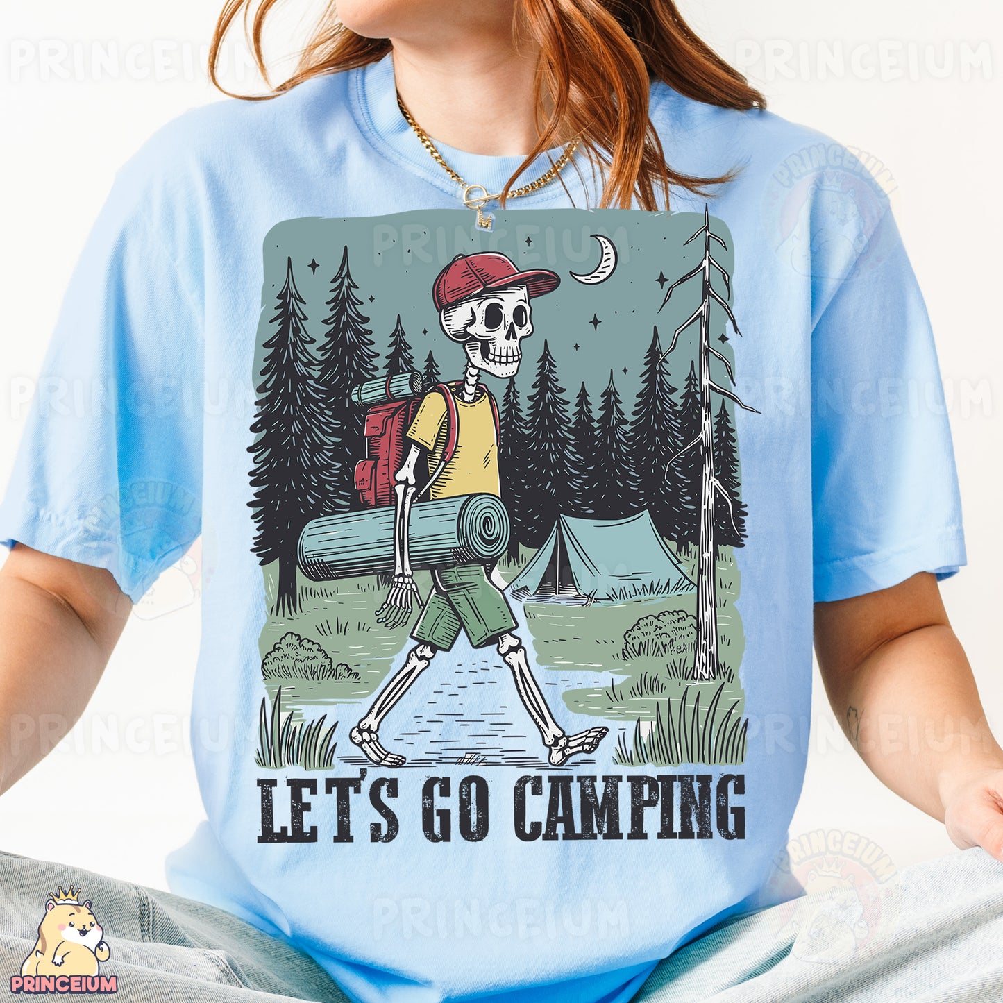 a woman wearing a blue shirt with a skeleton on it