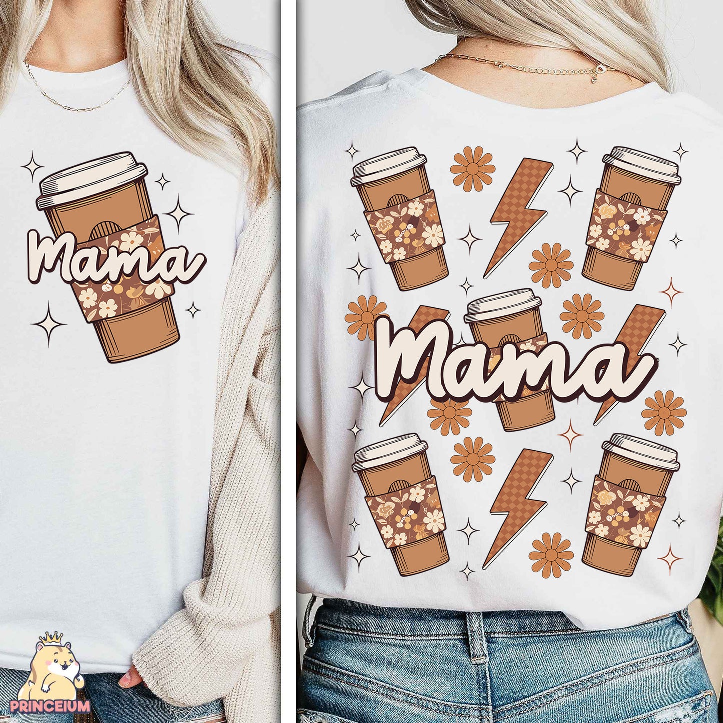 a woman wearing a white shirt with a picture of a cup of coffee on it