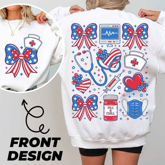 a woman wearing a white sweatshirt with red, white, and blue designs on it