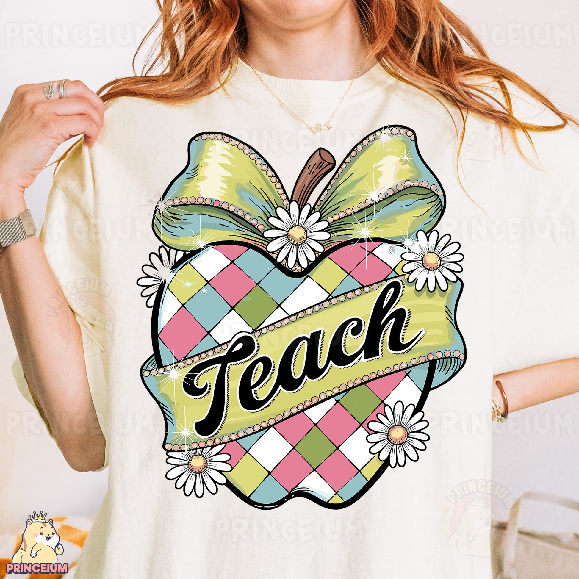 a woman wearing a t - shirt that says teach