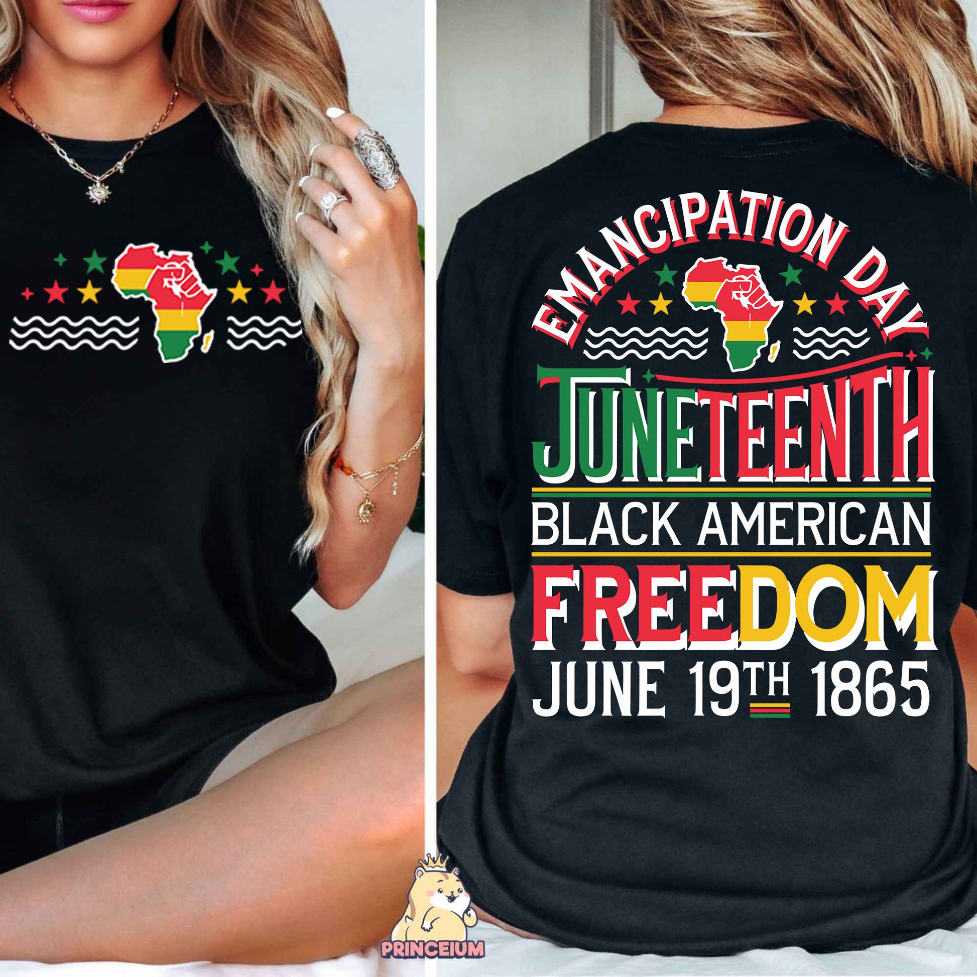 a woman wearing a black t - shirt that says black american freedom