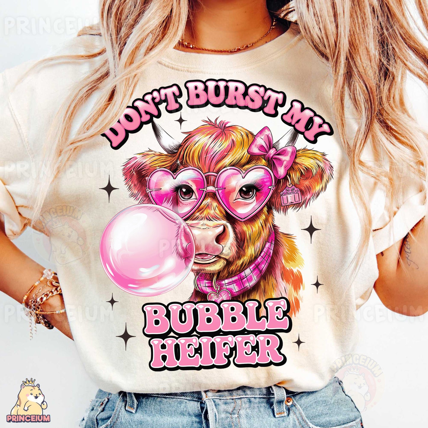 a woman wearing a t - shirt that says don't burst my bubble help