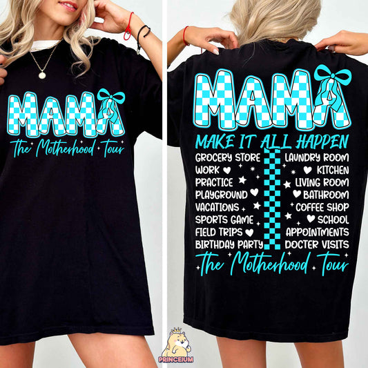 a woman wearing a black shirt that says mama's make it happen