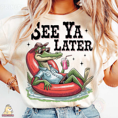 a woman wearing a t - shirt that says see ya later