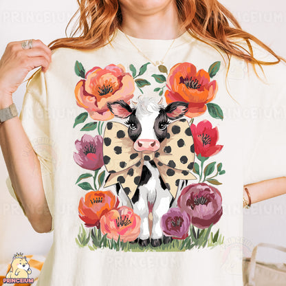 a woman wearing a t - shirt with a cow and flowers on it