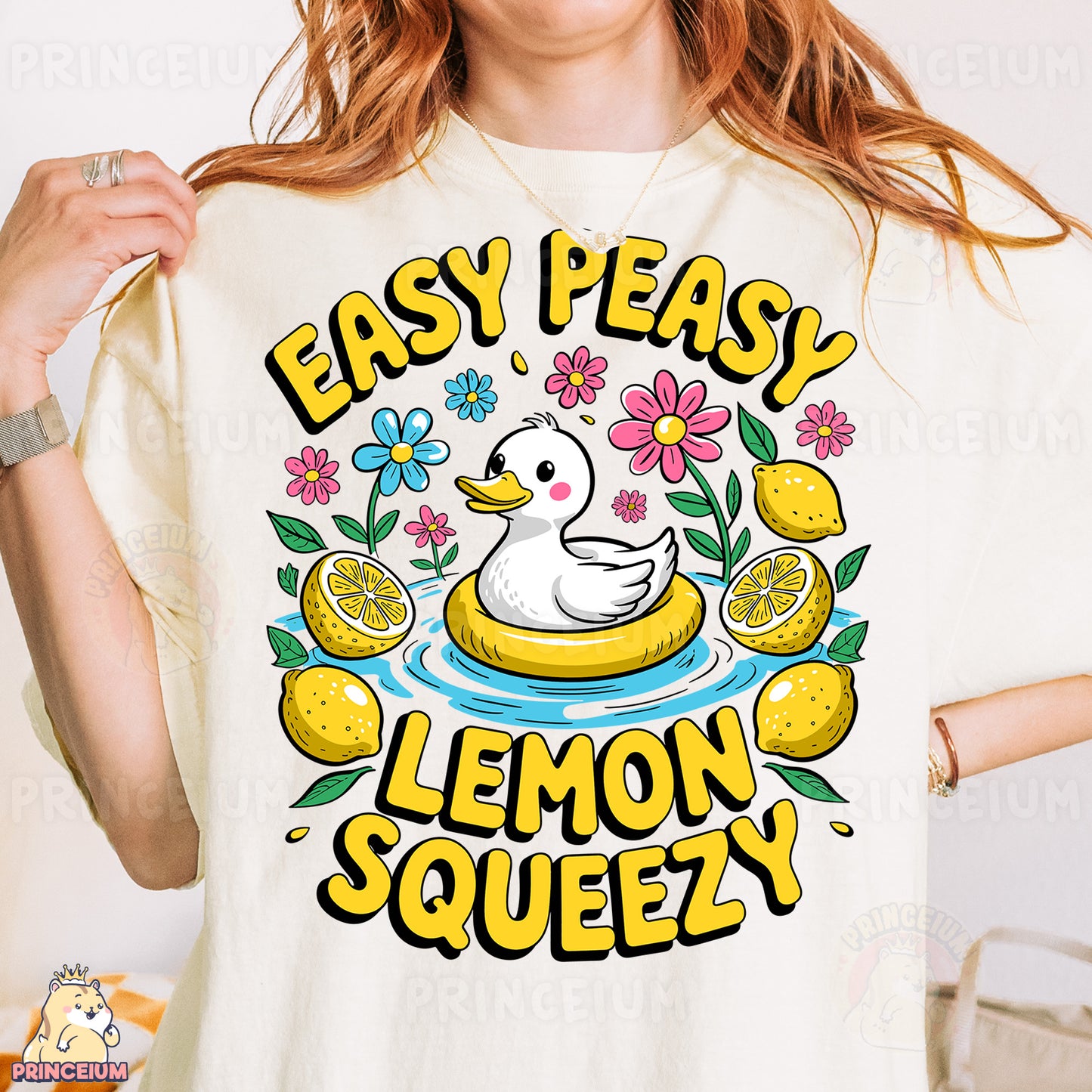 a woman wearing a t - shirt that says easy peasy lemon squeezey