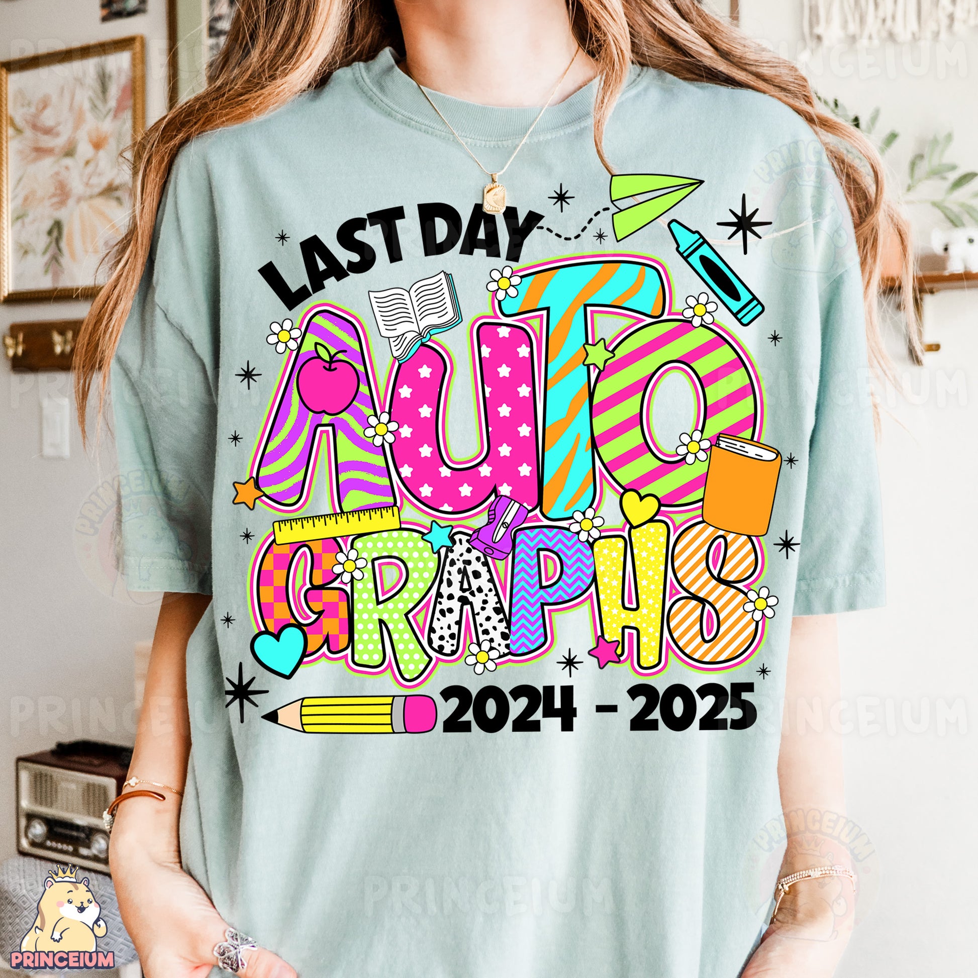 a woman wearing a t - shirt that says last day audio graphics