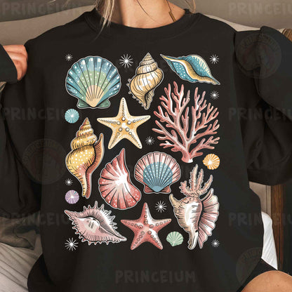 a woman wearing a black shirt with colorful seashells on it