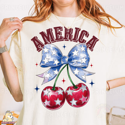 a woman wearing an american t - shirt with two cherries on it