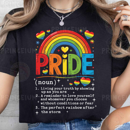 a woman wearing a black pride t - shirt