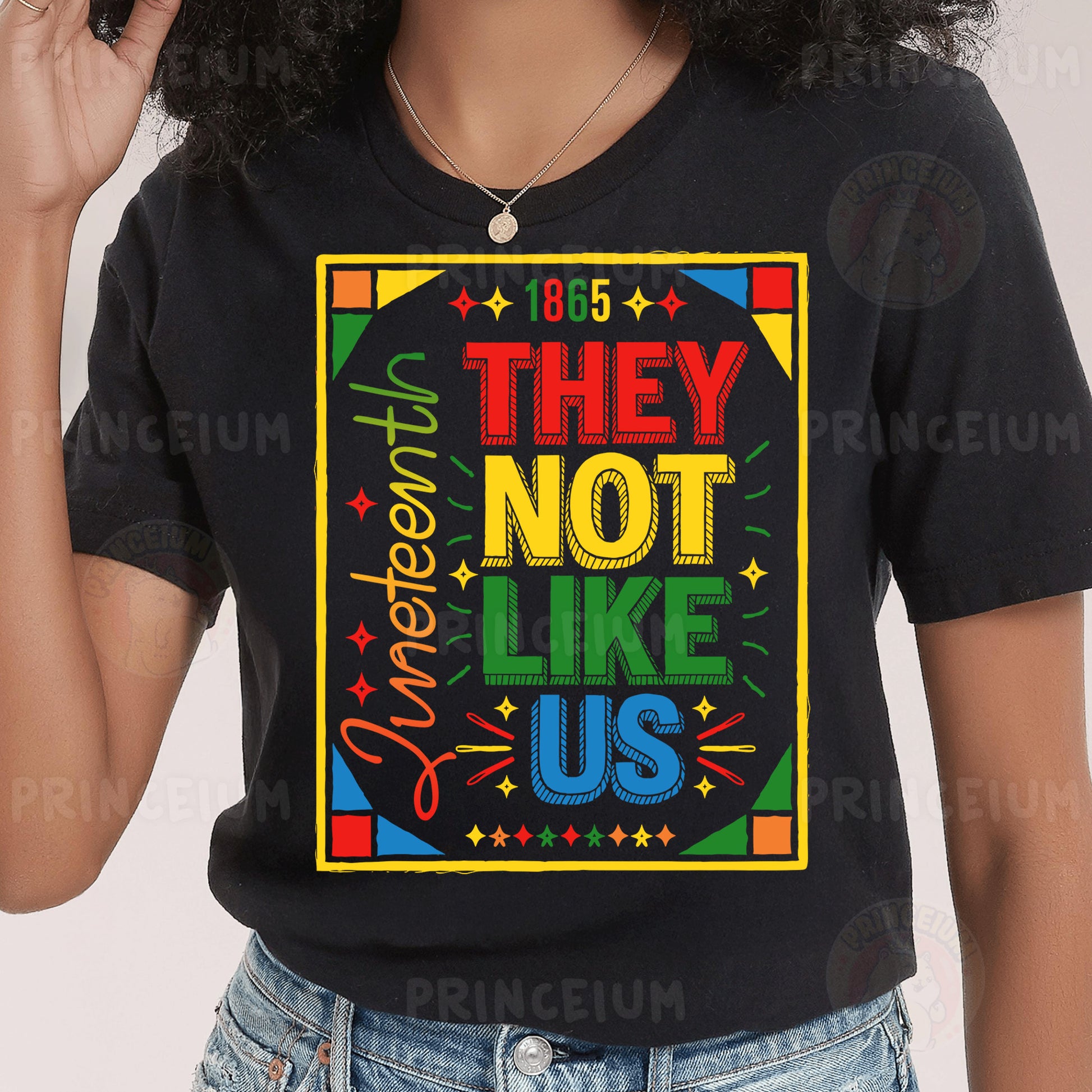 a woman wearing a t - shirt that says they not like us