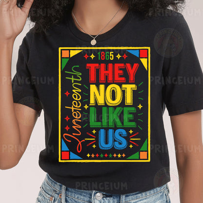 a woman wearing a t - shirt that says they not like us