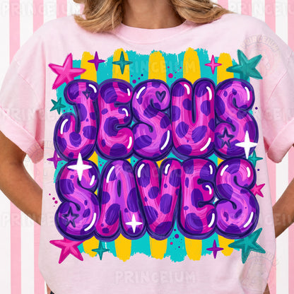 Jesus Saves Sublimation Design PNG | Colorful Leopard Print Christian Digital Download