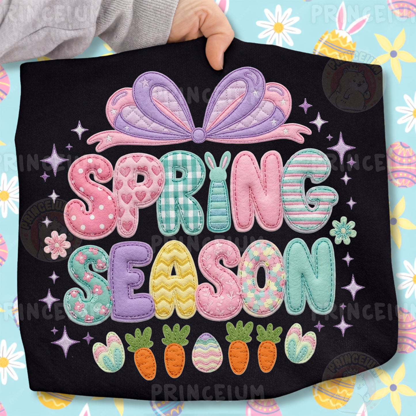 Spring Season PNG, Cute Patchwork Bow Bunny Lettering, Pastel Easter Clipart Design